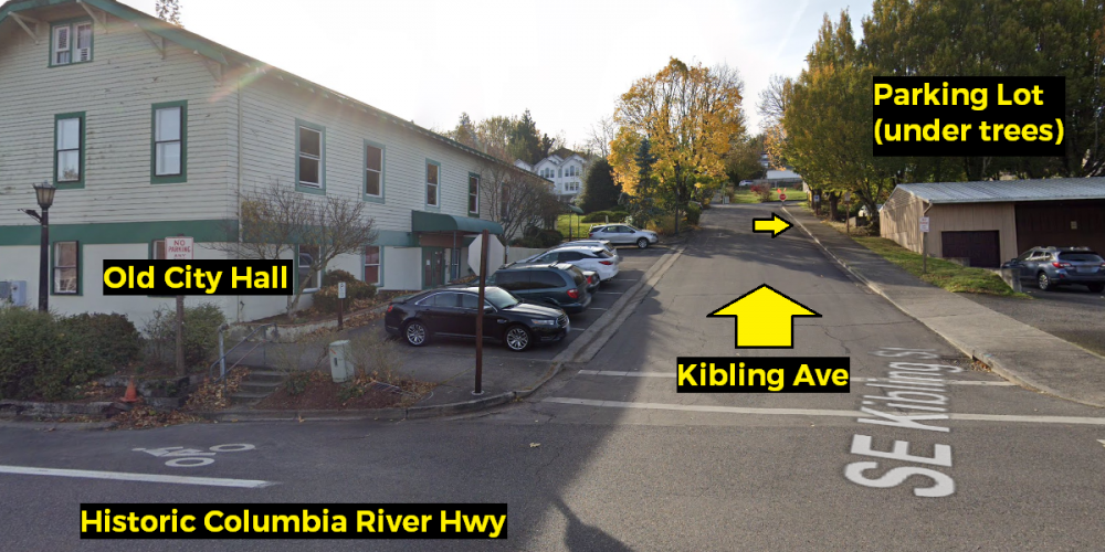 A view of how to access the Kibling Ave parking lot, looking south from Historic Columbia River Hwy